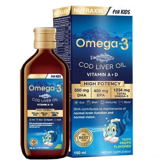 Nutraxin Omega 3 şurup 150 ml karışık meyve aromalı takviye, 5 ml’de DHA 550 mg EPA 408 mg, A D E vitaminli- 1