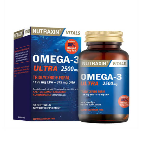 Nutraxin Omega 3 Ultra 2500 mg 30 softgel balık yağı 2500 mg EPA 1125 mg DHA 875 mg toplam omega 3 2150 mg- 1