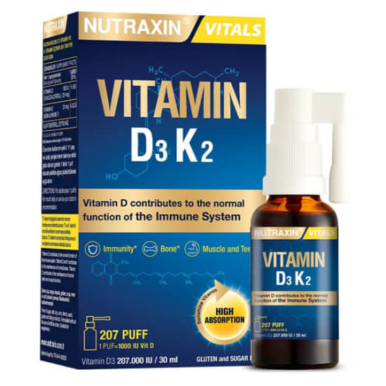 Nutraxin Vitamin D3 K2 ağız spreyi 30 ml her puf 1000 IU D3 25 mcg ve 25 mcg K2 MK-7 zeytinyağlı 207 puf- 1