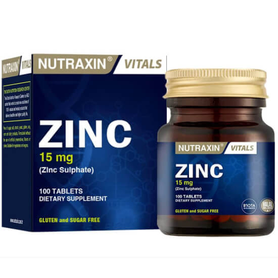 Nutraxin Zinc Sulphate 15 mg 100 tablet çinko takviyesi vegan uyumlu helal sertifikalı şeker gluten süt ürünü içermez- 1