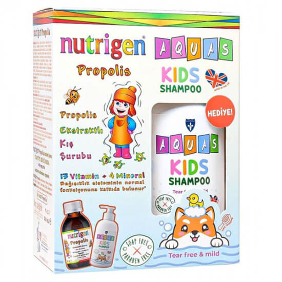 Nutrigen Propolis Şurup 200 ml 10 ml’de 100 mg propolis A C D E vitaminleri, yanında Aquas Kids Şampuan 250 ml hediyeli- 1