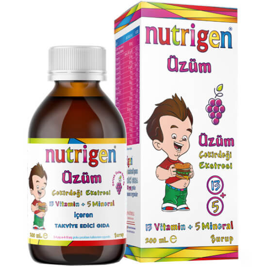 Nutrigen Üzüm Şurup 200 ml gıda takviyesi şişe kutu, 5 ml’de 50 mg üzüm çekirdeği ekstresi, C E B kompleks- 1