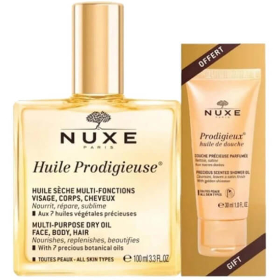 Nuxe Huile Prodigieuse set kuru yağ 100 ml ve Prodigieux Shower Oil duş yağı 30 ml yüz vücut saç bakımı- 1
