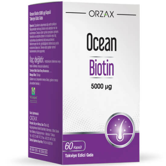 Orzax Ocean Biotin 5000 µg 60 Vcaps bitkisel kapsül gıda takviyesi, biotin 5000 µg %10000 BRD- 1