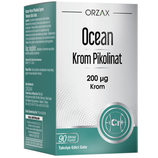 Orzax Ocean Krom Pikolinat 90 bitkisel kapsül, vegan takviye, 200 µg krom pikolinat %500 BRD içeren ürün kutusu- 1