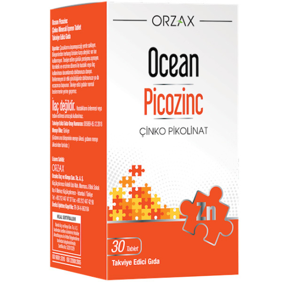 Orzax Ocean Picozinc 30 tablet çinko takviyesi, çinko pikolinat içeren 15 mg çinko, yetişkinler için günde 1 tablet- 1