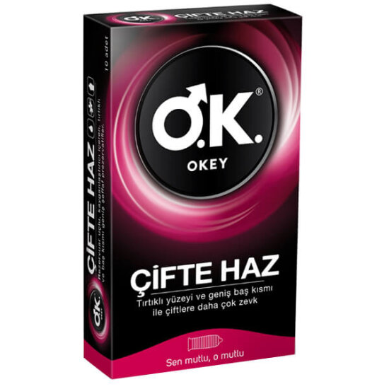 Okey Çifte Haz prezervatif 10 adet tırtıklı kabartmalı vanilya aromalı 53 mm lateks kontur şekilli rezervuar uçlu- 1