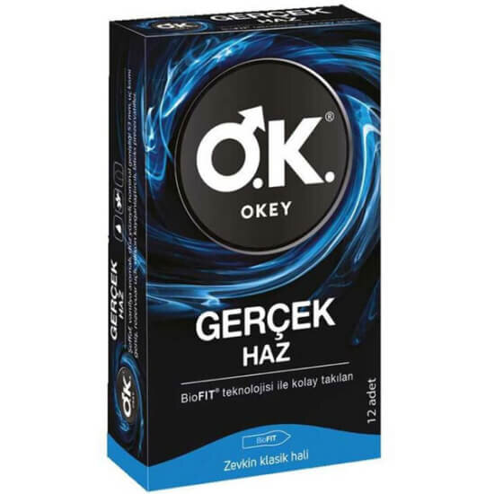 Okey Gerçek Haz prezervatif 12 adet paket, pratik kullanım sunan kondom, cinsel sağlık ürünü kutu görseli- 1