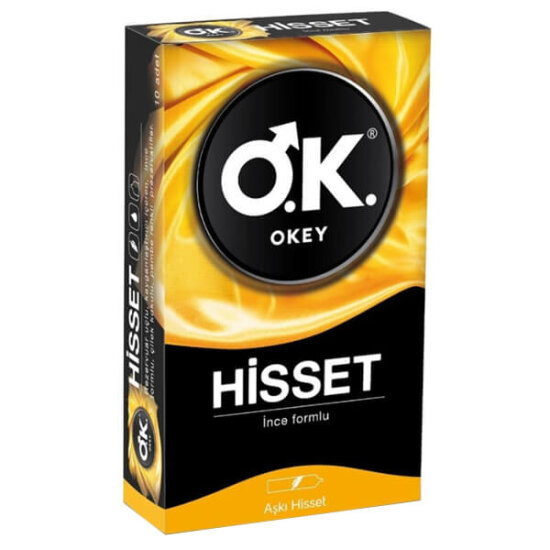 Okey Prezervatif Hisset 10 adet kondom kutusu sarı ambalaj ince yapılı yüksek his güvenli ve konforlu kullanım- 1