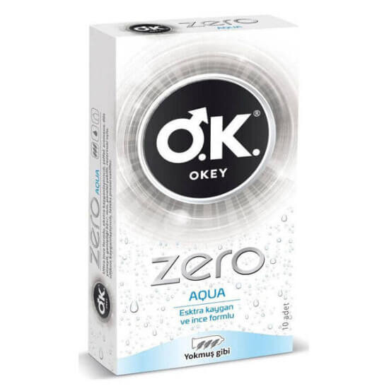 Okey Zero Aqua ekstra kaygan ultra ince prezervatif 10 adet şeffaf aromasız 52 mm genişlik rezervuar uçlu- 1
