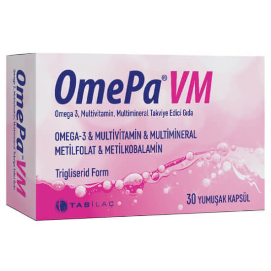 Omepa VM 30 yumuşak kapsül kutusu, omega 3 350 mg, balık yağı 500 mg, DHA 250 mg, EPA 75 mg, C ve B vitaminleri- 1