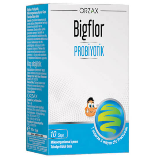 Orzax Bigflor Probiyotik 10 saşe 250 mg Saccharomyces boulardii 22,5 mg probiyotik karışımı inülin 140 mg- 1
