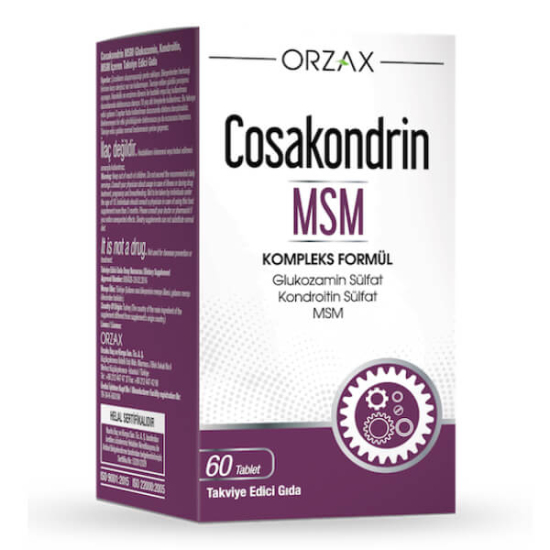 Orzax Cosakondrin MSM Complex 60 tablet kutusu, glukozamin sülfat 1500 mg, kondroitin sülfat 1200 mg, MSM 250 mg- 1