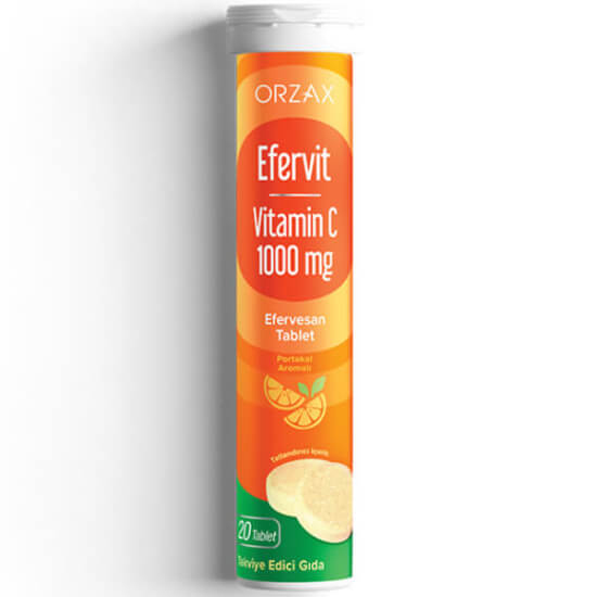Orzax Efervit Vitamin C 1000 mg 20 efervesan tablet C vitamini takviyesi yetişkinler için hızlı çözünür tortu bırakmaz- 1