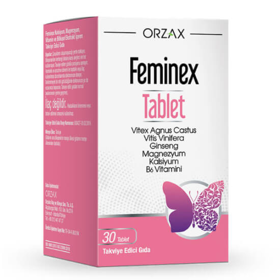 Orzax Feminex 30 tablet kadınlara özel takviye B6 10 mg kalsiyum 200 mg magnezyum 75 mg ginseng vitex vitis vinifera- 1