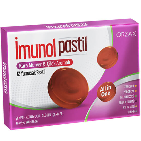 Orzax İmunol kara mürver çilek aromalı 12 pastil, C vitamini 50 mg ve çinko 3 mg, şekersiz glütensiz- 1