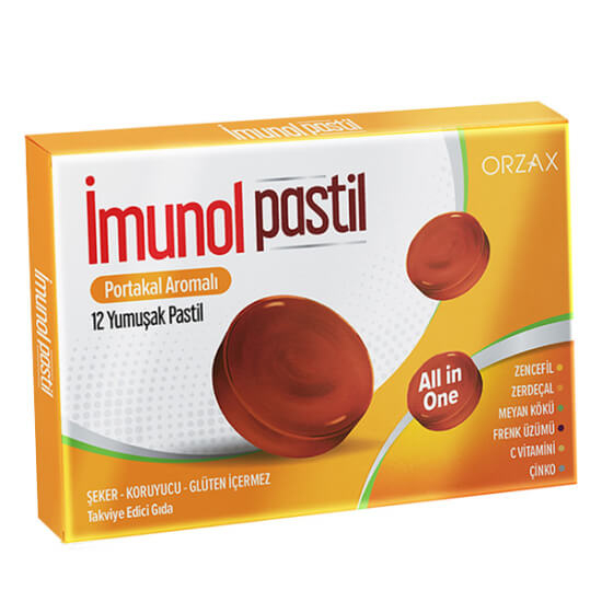 Orzax İmunol portakal aromalı 12 pastil çiğneme formu C vitamini 60 mg çinko 3 mg stevia şeker glüten içermez- 1