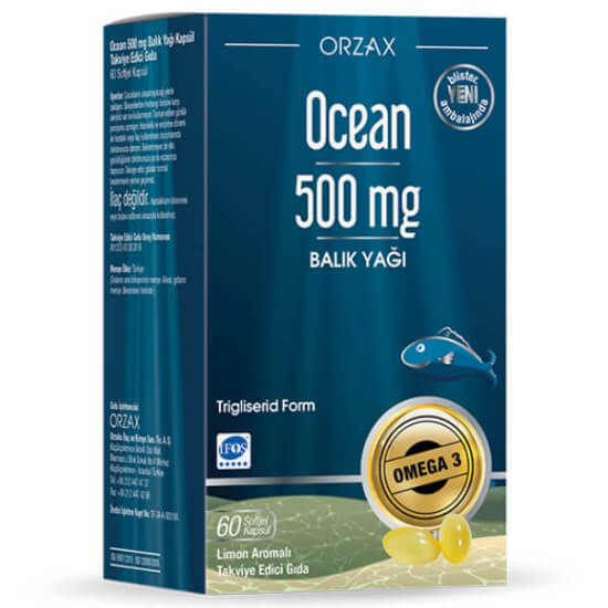 Orzax Ocean Omega 3 500 mg balık yağı 60 yumuşak kapsül, toplam omega 3 160 mg EPA 90 mg DHA 60 mg, limon aromalı- 1
