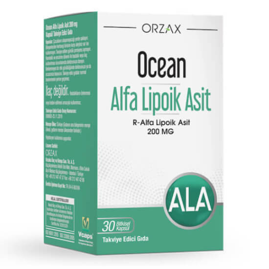 Orzax Ocean R-Alfa Lipoik Asit 200 mg 30 kapsül takviye edici gıda, V-Caps bitkisel kapsül, kutu ambalaj- 1