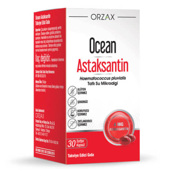 Orzax Ocean Astaksantin Natural Antioxidant 30 kapsül takviye, her kapsülde 4 mg astaksantin içeren ürün kutusu- 1