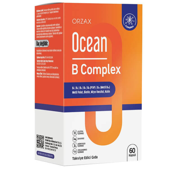 Orzax Ocean B Complex 60 kapsül Vcaps bitkisel B1 B2 B3 B5 B6 B12 folik asit biyotin inositol kolin takviye- 1