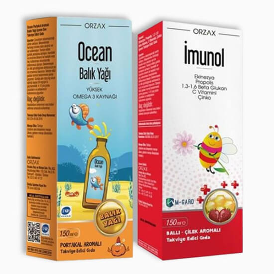 Orzax Ocean balık yağı portakal aromalı 150 ml ve Imunol şurup 150 ml seti omega-3 EPA DHA ekinezya C vitamini çinko- 1