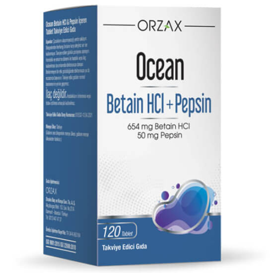 Orzax Ocean Betain HCl + Pepsin 120 tablet, her tablette 654 mg betain HCl ve 50 mg pepsin içeren takviye- 1