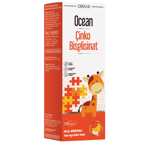 Orzax Ocean Çinko Bisglisinat şurup 150 ml muz aromalı, 5 ml’de 7,5 mg çinko, glütensiz tatlandırıcı renklendiricisiz- 1