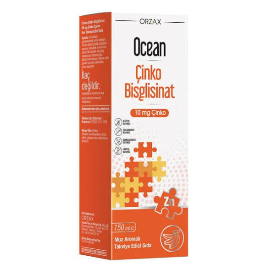 Orzax Ocean Çinko Bisglisinat şurup 150 ml muz aromalı, 5 ml’de 7,5 mg çinko, glütensiz tatlandırıcı renklendiricisiz - 1