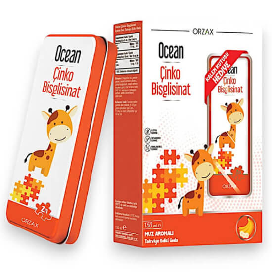 Orzax Ocean Çinko Bisglisinat 150 ml sıvı çinko takviyesi, muz aromalı, 5 ml’de 7,5 mg çinko %75 BRD- 1