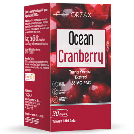 Orzax Ocean Cranberry Turna Yemişi Ekstresi 30 tablet, 2 tablette 514 mg cranberry ekstresi ve 36 mg PAC- 1