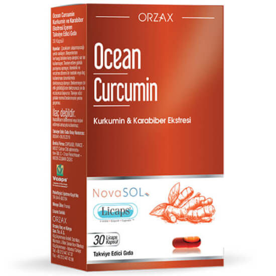 Orzax Ocean Curcumin 30 kapsül bitkisel takviye Licaps her kapsülde 42,038 mg kurkumin 5,380 mg karabiber ekstresi- 1
