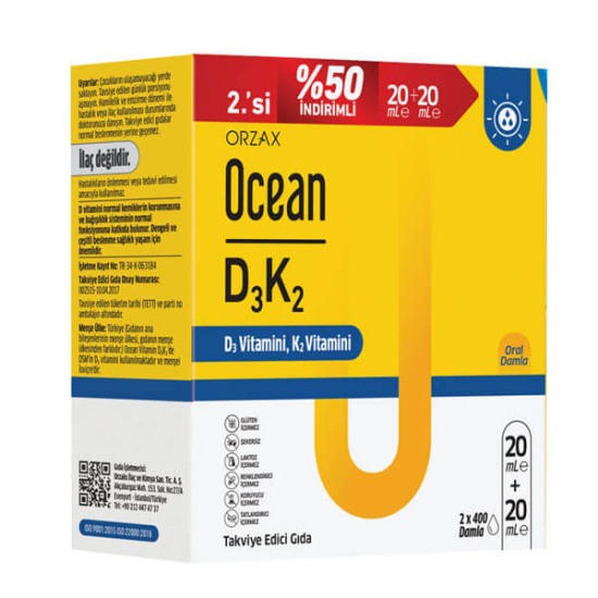 Orzax Ocean D3K2 damla 20 ml x2, her damlada 25 µg 1000 IU D3 vitamini ve 11,25 µg K2 vitamini- 1