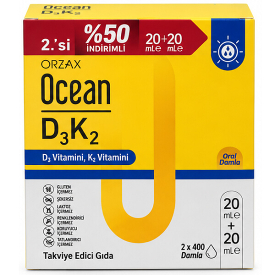 Orzax Ocean D3K2 damla 20 ml x2, her damlada 25 µg 1000 IU D3 vitamini ve 11,25 µg K2 vitamini