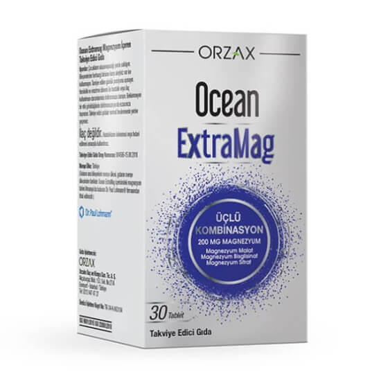 Orzax Ocean Extramag 30 tablet 200 mg elementel magnezyum takviyesi sitrat bisglisinat malat formları renklendiricisiz- 1