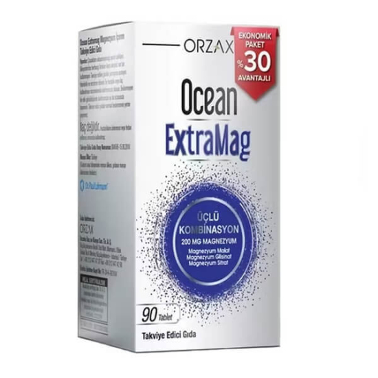 Orzax Ocean Extramag 90 tablet magnezyum takviyesi 200 mg elementel magnezyum sitrat bisglisinat malat renksiz- 1