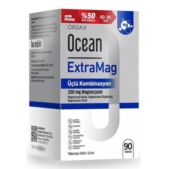 Orzax Ocean Extramag 90 tablet magnezyum takviyesi 200 mg elementel magnezyum sitrat bisglisinat malat renksiz - 1