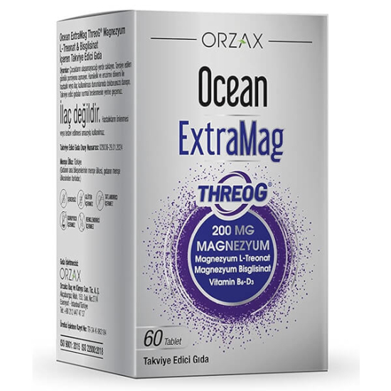 Orzax Ocean Extramag Threog 200 mg 60 tablet magnezyum L-treonat ve bisglisinat B6 ve D3 vitaminli gluten şeker laktozsuz- 1