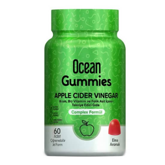 Orzax Ocean Gummies Apple Cider Vinegar 60 çiğneme elma aromalı jel form B6 B12 folik asit krom içeren takviye- 1