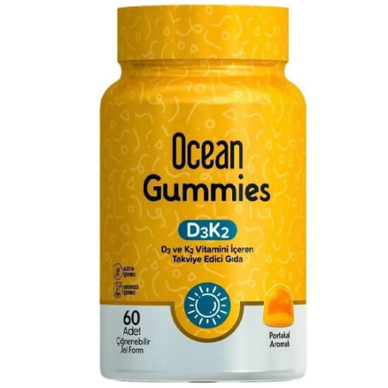 Orzax Ocean Gummies D3K2 60 adet portakal aromalı çiğnenebilir jel, D3 25 mcg 1000 IU ve K2 12,5 mcg- 1