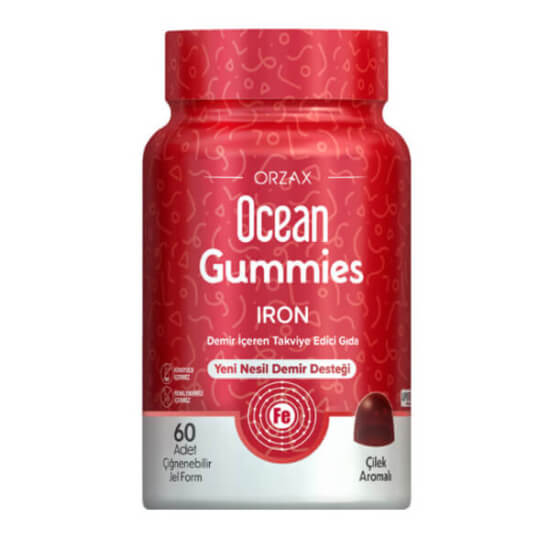Orzax Ocean Gummies Iron çilek aromalı çiğnenebilir jel demir takviyesi 60 jel form 2 jel formda 17 mg demir- 1