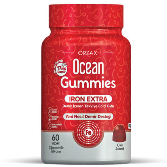 Orzax Ocean Gummies Iron Ekstra 60 çiğnenebilir jel çilek aromalı demir takviyesi 17 mg demir 11 yaş üzeri- 1