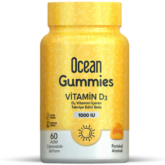 Orzax Ocean Gummies Vitamin D3 1000 IU 60 çiğneme jel form portakal aromalı glukoz şurubu jelatin yapay tatlandırıcı içermez- 1