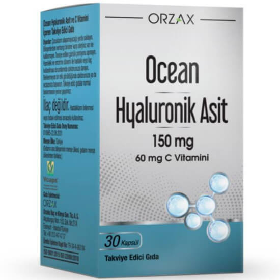 Orzax Ocean Hyaluronik Asit 150 mg 30 kapsül vegan takviye, 60 mg C vitamini destekli, 11 yaş+ günlük 1 kapsül- 1