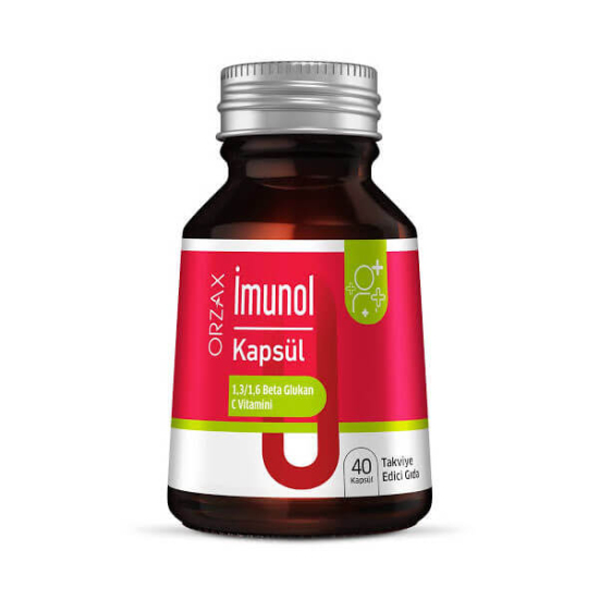 Orzax İmunol 40 kapsül bitkisel takviye, her kapsülde 80 mg C vitamini ve 50 mg beta glukan 1,3/1,6 içerir