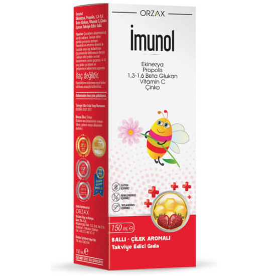 Orzax İmunol Şurup 150 ml ballı çilek aromalı, ekinezya 300 mg, beta glukan 50 mg, C 40 mg, çinko 5 mg, propolis- 1