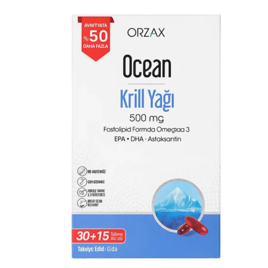 Orzax Ocean Krill Oil 500 mg 45 kapsül krill yağı fosfolipid Omega 3 EPA DHA astaksantin içeren takviye edici gıda- 1