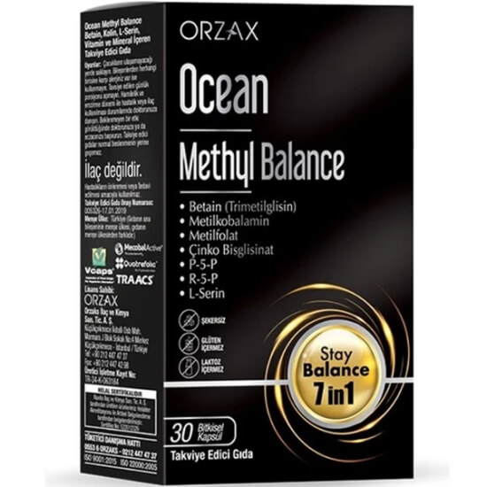 Orzax Ocean Methyl Balance 30 kapsül vegan; betain 500 mg, L-serin 50 mg, B2 B6 B12 metilkobalamin, folat, çinko- 1