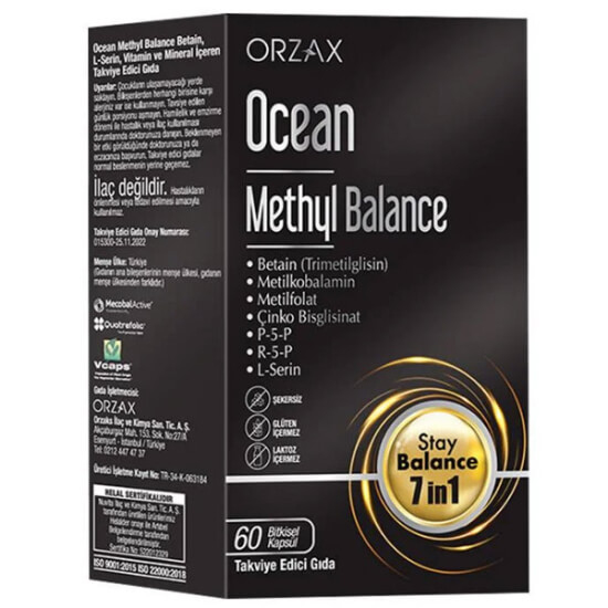 Orzax Ocean Methyl Balance 60 kapsül; 500 mg betain, 1000 µg B12 metilkobalamin, folat 400 µg, B2 B6 çinko- 1