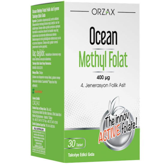 Orzax Ocean Methyl Folat 30 tablet folat takviyesi Quatrefolic 400 µg B9 folik asit içeren ürün kutusu- 1